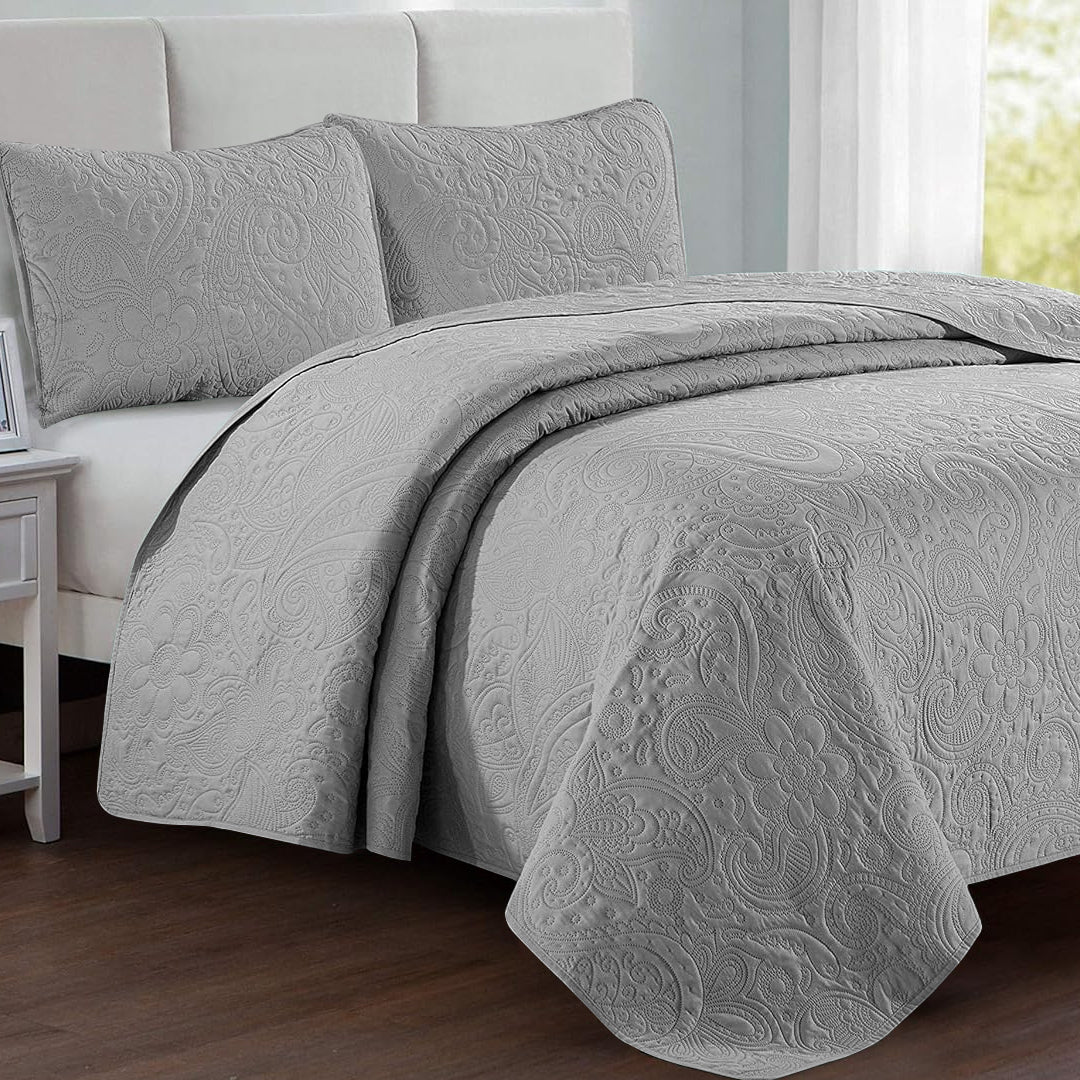 Floral - 3Pcs Quilted Bedspread Set - Silver