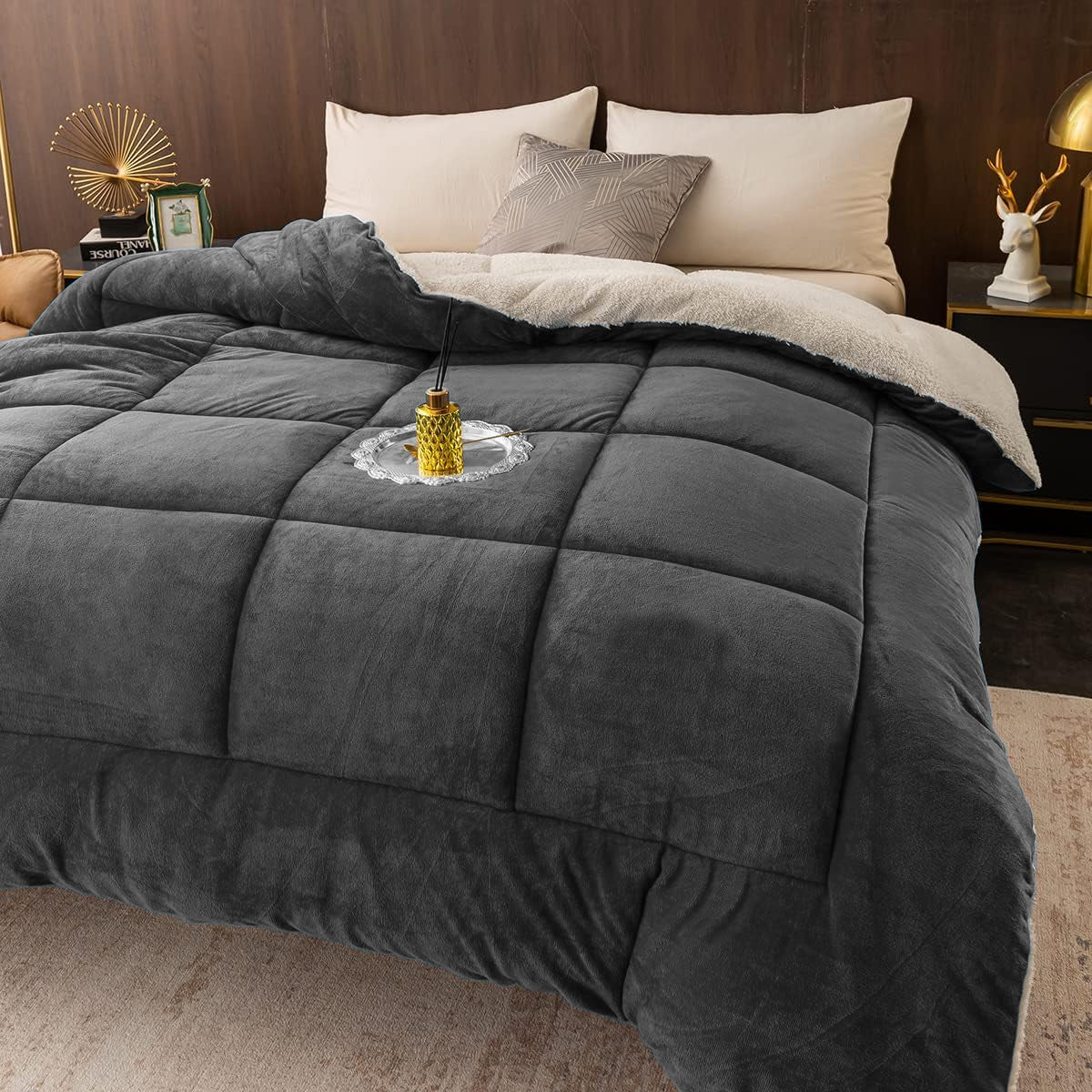 Grey - Sherpa Fleece Comforter – King Size (220 x 230 cm)