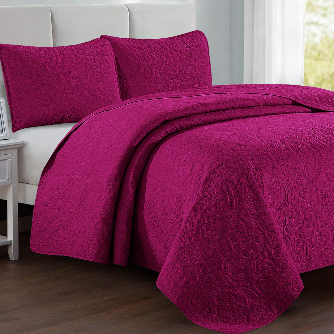 Floral - 3Pcs Quilted Bedspread Set - Purple